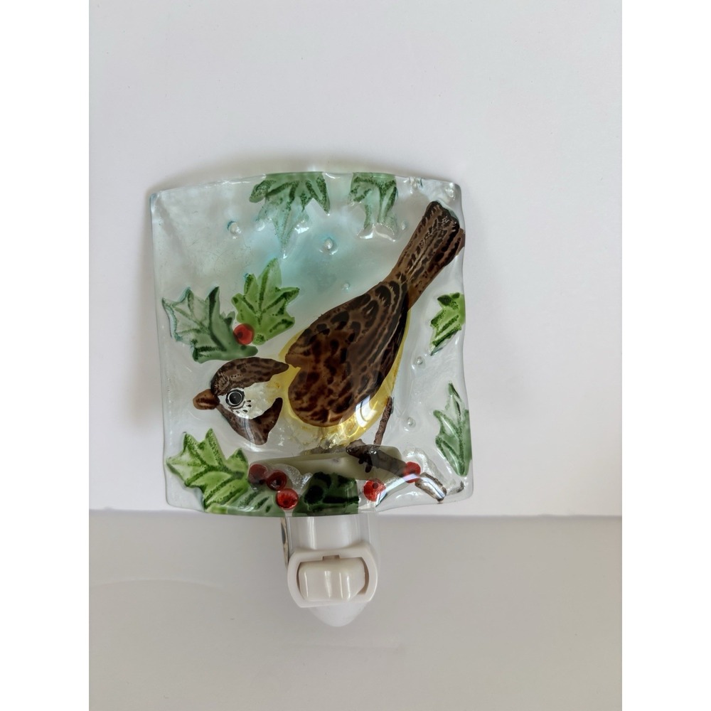 Night Light Glass Hand Painted Brown bird With Berries